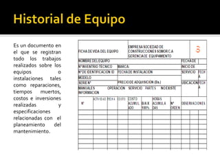 Es un documento en
el que se registran
todo los trabajos
realizados sobre los
equipos            o
instalaciones tales
como reparaciones,
tiempos     muertos,
costos e inversiones
realizadas         y
especificaciones
relacionadas con el
planeamiento     del
mantenimiento.
 