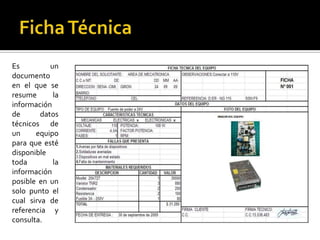 Es          un
documento
en el que se
resume       la
información
de       datos
técnicos de
un     equipo
para que esté
disponible
toda         la
información
posible en un
solo punto el
cual sirva de
referencia y
consulta.
 