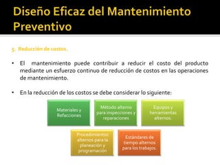 5. Reducción de costos.

• El mantenimiento puede contribuir a reducir el costo del producto
  mediante un esfuerzo continuo de reducción de costos en las operaciones
  de mantenimiento.

• En la reducción de los costos se debe considerar lo siguiente:

                                       Método alterno           Equipos y
                  Materiales y
                                     para inspecciones y       herramientas
                  Refacciones
                                        reparaciones             alternos.


                           Procedimientos
                                                  Estándares de
                           alternos para la
                                                 tiempo alternos
                             planeación y
                                                 para los trabajos.
                            programación
 
