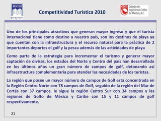 Competitividad Turística 2010

L
Uno de los principales atractivos que generan mayor ingreso y que el turista
internacional tiene como destino a nuestro país, son los destinos de playa ya
que cuentan con la infraestructura y el recurso natural para la práctica de 2
importantes deportes el golf y la pesca además de las actividades de playa
Como parte de la estrategia para incrementar el turismo y generar mayor
captación de divisas, los estados del Norte y Centro del país han desarrollado
en los últimos años un gran número de campos de golf, detonando así
infraestructura complementaria para atender las necesidades de los turistas.
La región que posee un mayor número de campos de Golf esta concentrada en
la Región Centro Norte con 78 campos de Golf, seguido de la región del Mar de
Cortés con 37 campos, le sigue la región Centro Sur con 34 campos y las
regiones de Golfo de México y Caribe con 15 y 11 campos de golf
respectivamente.

    21
 