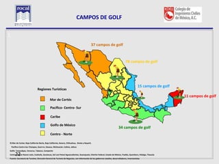 CAMPOS DE GOLF

L
                                                                                             37 campos de golf


                                                                                                                                   78 campos de golf




                                                                                                                                                15 campos de golf
                                 Regiones Turísticas
                                                                                                                                                                      11 campos de golf
                                               Mar de Cortés

                                               Pacífico- Centro- Sur

                                               Caribe

                                               Golfo de México
                                                                                                                           34 campos de golf
                                               Centro - Norte

9) Mar de Cortes: Baja California Norte, Baja California, Sonora, Chihuahua, Sinalo y Nayarit.
    Pacífico-Centro-Sur Chaiapas, Guerrro, Oaxaca, Michoacán, Colima, Jalisco
Golfo: Tamaulipas, Veracruz, Tabasco, Campeche
        22
Centro –Norte Nuevo León, Coahuila, Zacatecas, Sal Luis Potosí Aguascalientes, Guanajuato, Distrito Federal, Estado de México, Puebla, Querétaro, Hidalgo, Tlaxcala
Fuente: Secretaría de Tursimo, Dirección General de Turismo de Negocios, con información de los gobiernos estatles, desarrolladores, inversionistas
 
