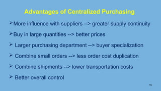15
Advantages of Centralized Purchasing
More influence with suppliers --> greater supply continuity
Buy in large quantities --> better prices
 Larger purchasing department --> buyer specialization
 Combine small orders --> less order cost duplication
 Combine shipments --> lower transportation costs
 Better overall control
 