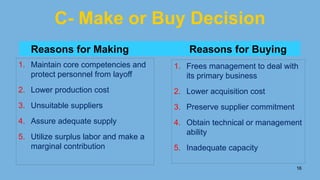 C- Make or Buy Decision
1. Maintain core competencies and
protect personnel from layoff
2. Lower production cost
3. Unsuitable suppliers
4. Assure adequate supply
5. Utilize surplus labor and make a
marginal contribution
1. Frees management to deal with
its primary business
2. Lower acquisition cost
3. Preserve supplier commitment
4. Obtain technical or management
ability
5. Inadequate capacity
Reasons for Making Reasons for Buying
16
 