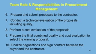 6. Prepare and submit proposals to the contractor.
7. Conduct a technical evaluation of the proposals
including quality.
8. Perform a cost evaluation of the proposals.
9. Prepare the ﬁnal combined quality and cost evaluation to
select the winning proposal.
10. Finalize negotiations and sign contract between the
buyer and the contractor. 30
Team Role & Responsibilities in Procurement
Management
 
