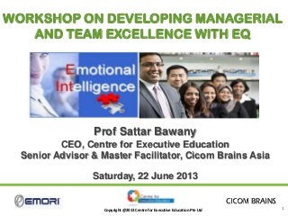 Copyright @2013 Centre for Executive Education Pte Ltd
1
Prof Sattar Bawany
CEO, Centre for Executive Education
Senior Advisor & Master Facilitator, Cicom Brains Asia
Saturday, 22 June 2013
WORKSHOP ON DEVELOPING MANAGERIAL
AND TEAM EXCELLENCE WITH EQ
 