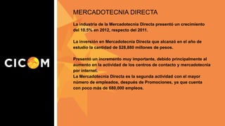 MERCADOTECNIA DIRECTA
La industria de la Mercadotecnia Directa presentó un crecimiento
del 10.5% en 2012, respecto del 2011.

La inversión en Mercadotecnia Directa que alcanzó en el año de
estudio la cantidad de $28,880 millones de pesos.
Presentó un incremento muy importante, debido principalmente al
aumento en la actividad de los centros de contacto y mercadotecnia
por internet.
La Mercadotecnia Directa es la segunda actividad con el mayor
número de empleados, después de Promociones, ya que cuenta
con poco más de 680,000 empleos.

 