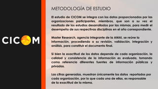 METODOLOGÍA DE ESTUDIO
El estudio de CICOM se integra con los datos proporcionados por las
organizaciones participantes, miembros, que son a su vez el
resultado de los estudios desarrollados por las mismas, para medir el
desempeño de sus respectivas disciplinas en el año correspondiente.
Master Research, agencia integrante de la AMAI, se reúne la
información, procediendo a su revisión, validación, integración y
análisis, para constituir el documento final.
Si bien la exactitud de los datos depende de cada organización, la
calidad y consistencia de la información es evaluada, tomando
como referencia diferentes fuentes de información públicas y
privadas.
Las cifras generadas, muestran únicamente los datos reportados por
cada organización, por lo que cada una de ellas, es responsable
de la exactitud de la misma.

 