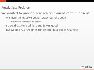 Analytics: Problem
We wanted to provide near realtime analytics to our clients
   We liked the data we could scrape out of Google
      Networks Referrers Location
   so we did... for a while... and it was good!
   But Google has API limits for getting data out of Analytics
 