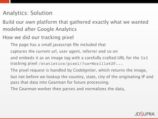 Analytics: Solution
Build our own platform that gathered exactly what we wanted
modeled after Google Analytics
How we did our tracking pixel
   The page has a small javascript ﬁle included that
   captures the current url, user agent, referrer and so on
   and embeds it as an image tag with a carefully crafted URL for the 1x1
   tracking pixel /statistics/pixel/?ua=Mozilla%2F...
   The pixel request is handled by CodeIgniter, which returns the image,
   but not before we lookup the country, state, city of the originating IP and
   pass that data into Gearman for future processing.
   The Gearman worker then parses and normalizes the data,
 