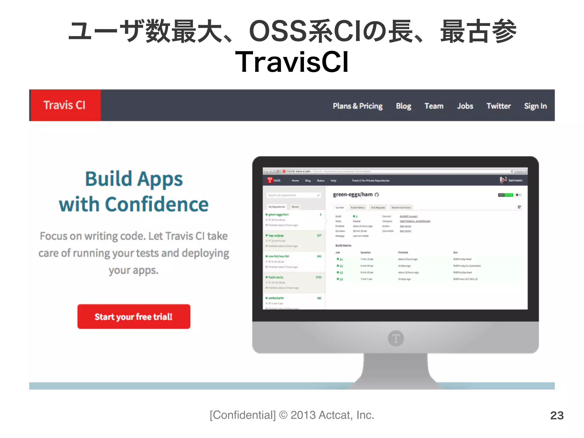 [Conﬁdential] © 2013 Actcat, Inc.
ユーザ数最大、OSS系CIの長、最古参
TravisCI
23
 