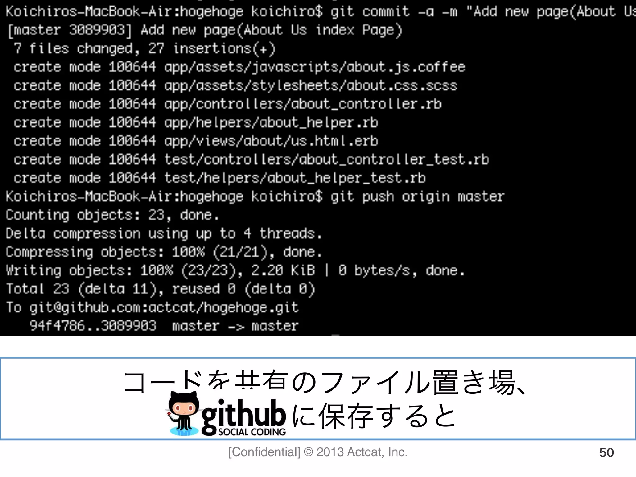 [Conﬁdential] © 2013 Actcat, Inc. 50
コードを共有のファイル置き場、(
GitHub に保存すると(
 