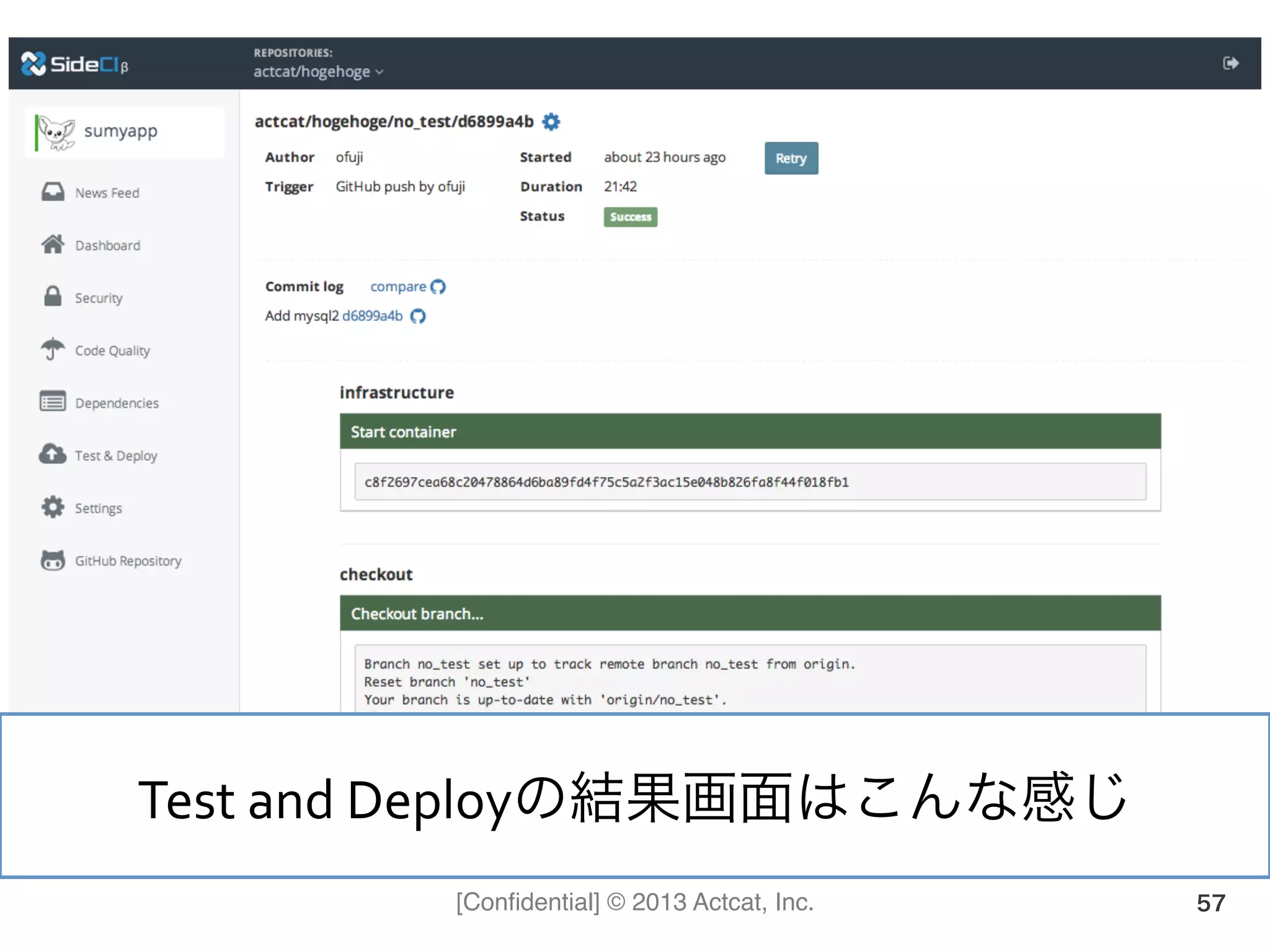 [Conﬁdential] © 2013 Actcat, Inc.
Jenkinsなどを使っている方に朗報！
57
Test(and(Deployの結果画面はこんな感じ(
 