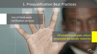 1. Prequalification Best Practices
Use of third-party
verification services
Fill performance gaps, ensure
compliance for specific industries
 