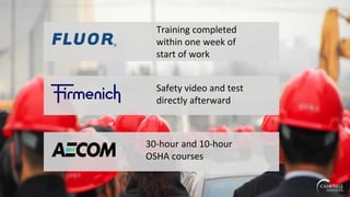 Training completed
within one week of
start of work
Safety video and test
directly afterward
30-hour and 10-hour
OSHA courses
 