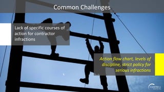 Common Challenges
Lack of specific courses of
action for contractor
infractions
Action flow chart, levels of
discipline, strict policy for
serious infractions
 