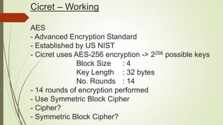 Cicret – Working
AES
- Advanced Encryption Standard
- Established by US NIST
- Cicret uses AES-256 encryption -> 2256 possible keys
Block Size : 4
Key Length : 32 bytes
No. Rounds : 14
- 14 rounds of encryption performed
- Use Symmetric Block Cipher
- Cipher?
- Symmetric Block Cipher?
 