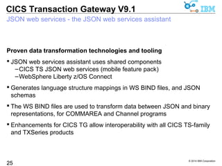 © 2014 IBM Corporation 
CICS Transaction Gateway V9.1 
JSON web services - the JSON web services assistant 
Proven data transformation technologies and tooling 
 JSON web services assistant uses shared components 
25 
–CICS TS JSON web services (mobile feature pack) 
–WebSphere Liberty z/OS Connect 
 Generates language structure mappings in WS BIND files, and JSON 
schemas 
 The WS BIND files are used to transform data between JSON and binary 
representations, for COMMAREA and Channel programs 
 Enhancements for CICS TG allow interoperability with all CICS TS-family 
and TXSeries products 
 