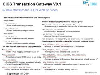 © 2014 IBM Corporation 
CICS Transaction Gateway V9.1 
32 new statistics for JSON Web Services 
 