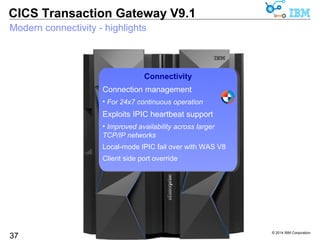 © 2014 IBM Corporation 
CICS Transaction Gateway V9.1 
CICS Performance Analyzer integration 
New Web Services Workload report in CICS PA V5.2 
 A high-level overview of Web Services workload in terms of 
– response time 
– request volumes 
–data transfer 
 Broken down by Gateway daemon instance 
 Provides insight into usage patterns throughout a daily, weekly or monthly 
cycle 
–Reveal longer term trends with historical data 
–Spot unusual events with response time spikes 
APAR PI20963 
 