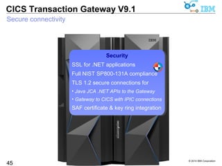 Facilitates implementation of firewall pass-through rules 
Client-server applications using TCP/IP connections typically specify a 
target port number when connecting to the server 
© 2014 IBM Corporation 
CICS Transaction Gateway V9.1 
Java application - client port override 
45 
e.g. Web browsers connect to a web server using port 80, by default 
During connection establishment, an ephemeral port number is also 
allocated by the client TCP/IP stack 
Ephemeral port numbers are typically unpredictable, and unregarded 
CICS TG V9.1 Java base classes allow remote mode client applications 
(using TCP or SSL) to override the local port number 
This allows the use of firewall rules which grant access on the basis of 
the local port of the connecting application. 
 