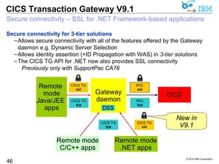 © 2014 IBM Corporation 
CICS Transaction Gateway V9.1 
Secure connectivity 
46 
Security 
SSL for .NET applications 
Full NIST SP800-131A compliance 
TLS 1.2 secure connections for 
• Java JCA .NET APIs to the Gateway 
• Gateway to CICS with IPIC connections 
SAF certificate & key ring integration 
 