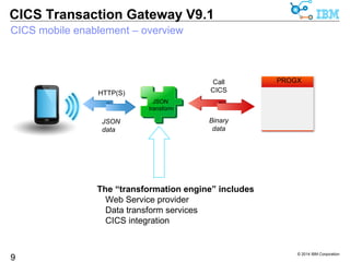 © 2014 IBM Corporation 
CICS Transaction Gateway V9.1 
CICS mobile enablement – overview 
9 
PROGX 
HTTP(S) 
JSON 
transform 
JSON 
data 
Call 
CICS 
The “transformation engine” includes 
 Web Service provider 
 Data transform services 
 CICS integration 
CICS program 
Binary 
data 
 