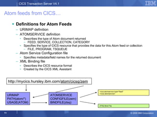 Atom feeds from CICS… Definitions for Atom Feeds URIMAP definition ATOMSERVICE definition Describes the type of Atom document returned FEED, SERVICE, COLLECTION, CATEGORY Specifies the type of CICS resource that provides the data for this Atom feed or collection FILE, PROGRAM, TSQUEUE Atom Service Configuration file Specifies  metadata/field names for the returned document XML Binding file Describes the CICS resource format Created by the CICS XML Assistant http://mycics.hursley.ibm.com/ atom/cicsq/zem URIMAP PATH(atom/*) USAGE(ATOM) ATOMSERVICE CONFIGFILE(zem) BINDFILE(ztsq) <cics:atomservice type="feed" </cics:atomservice> ZTSQ Bind File 
