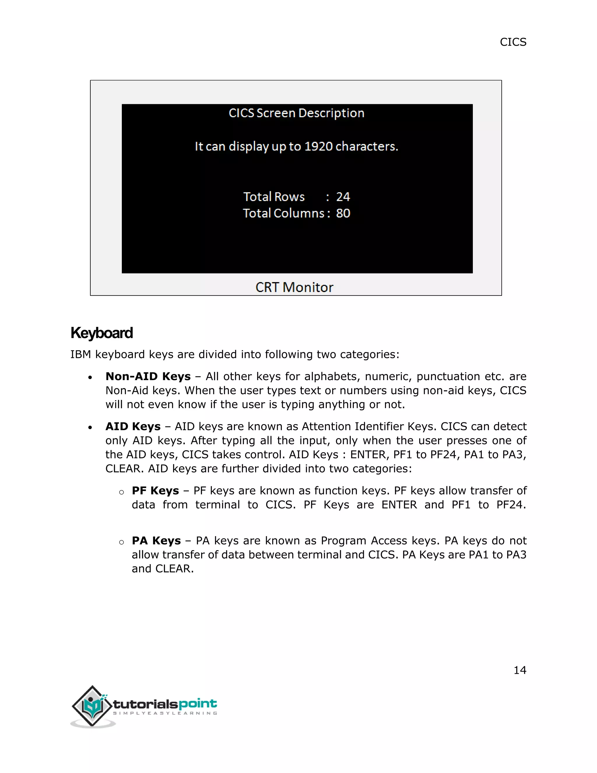 CICS
14
Keyboard
IBM keyboard keys are divided into following two categories:
 Non-AID Keys – All other keys for alphabets, numeric, punctuation etc. are
Non-Aid keys. When the user types text or numbers using non-aid keys, CICS
will not even know if the user is typing anything or not.
 AID Keys – AID keys are known as Attention Identifier Keys. CICS can detect
only AID keys. After typing all the input, only when the user presses one of
the AID keys, CICS takes control. AID Keys : ENTER, PF1 to PF24, PA1 to PA3,
CLEAR. AID keys are further divided into two categories:
o PF Keys – PF keys are known as function keys. PF keys allow transfer of
data from terminal to CICS. PF Keys are ENTER and PF1 to PF24.
o PA Keys – PA keys are known as Program Access keys. PA keys do not
allow transfer of data between terminal and CICS. PA Keys are PA1 to PA3
and CLEAR.
 