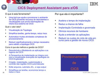 © 2013 IBM Corporation26
O que é esta ferramenta?
 Uma tool que ajuda a provisionar o ambiente
de CICS provendo recursos de descobertas e
visualizações que provê informações do
inteiro Eco-sistema de CICS
Qual o valor dela?
 Visualização da Topologia
 Simplifica tarefas, ganha tempo, reduz risco
 Automatiza muitas atividades complexas de
provisionamento
 Reduzir significativamente o tempo necessário
para validar a topologia CICS
Como é que ela melhora a gestão da CICS?
 Descobrindo e Modelando as aplicações e as
regions de CICS
 A Perspectiva de implantação se integra com
com a visualização avançada de topologias do
CICS Explorador
 Criação, implantação, customização e
controle das regiões CICS automatizada
 Edite arquivos, submeta JCL, e veja output
 Simplifiqua as tarefas, economiza tempo e
reduz o risco
Por que ela é importante?
 Acelera o tempo de implantação
 Reduz a chance de falha
 Implantação Controlada e governada
 Otimiza recursos de hardware
 Ajuda a entender as aplicações
 Reduzir os custos do ciclo de vida em
curso para a gestão de novos CICS
Provisionamento
de
CICS
CICS Deployment Assistant para z/OS
 