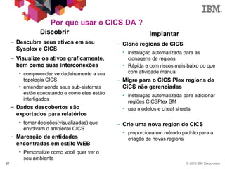 © 2013 IBM Corporation27
Por que usar o CICS DA ?
Discobrir
– Descubra seus ativos em seu
Sysplex e CICS
– Visualize os ativos graficamente,
bem como suas interconexões
• compreender verdadeiramente a sua
topologia CICS
• entender aonde seus sub-sistemas
estão executando e como eles estão
interligados
– Dados descobertos são
exportados para relatórios
• tomar decisões(visualizadas) que
envolvam o ambiente CICS
– Marcação de entidades
encontradas em estilo WEB
• Personalize como você quer ver o
seu ambiente
Implantar
– Clone regions de CICS
• instalação automatizada para as
clonagens de regions
• Rápida e com riscos mais baixo do que
com atividade manual
– Migre para o CICS Plex regions de
CiCS não gerenciadas
• instalação automatizada para adicionar
regiões CICSPlex SM
• use modelos e cheat sheets
– Crie uma nova region de CICS
• proporciona um método padrão para a
criação de novas regions
 