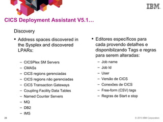 © 2013 IBM Corporation28
CICS Deployment Assistant V5.1…
Discovery
 Address spaces discovered in
the Sysplex and discovered
LPARs:
– CICSPlex SM Servers
– CMASs
– CICS regions gerenciadas
– CICS regions não gerenciadas
– CICS Transaction Gateways
– Coupling Facility Data Tables
– Named Counter Servers
– MQ
– DB2
– IMS
 Editores específicos para
cada provendo detalhes e
disponibilzando Tags e regras
para serem alteradas:
– Job name
– Job Id
– User
– Versão de CICS
– Conexões de CICS
– Free-form (CSV) tags
– Regras de Start e stop
 