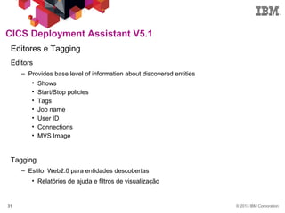 © 2013 IBM Corporation31
CICS Deployment Assistant V5.1
Editores e Tagging
Editors
– Provides base level of information about discovered entities
• Shows
• Start/Stop policies
• Tags
• Job name
• User ID
• Connections
• MVS Image
Tagging
– Estilo Web2.0 para entidades descobertas
• Relatórios de ajuda e filtros de visualização
 