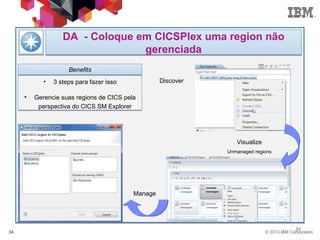 © 2013 IBM Corporation34
3434
• 3 steps para fazer isso
• Gerencie suas regions de CICS pela
perspectiva do CICS SM Explorer
Benefits
Discover
Visualize
Unmanaged regions
Manage
DA - Coloque em CICSPlex uma region não
gerenciada
 