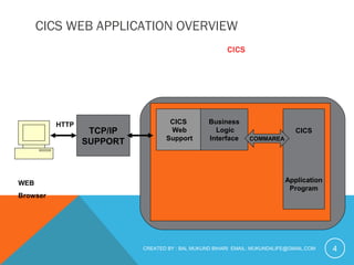 CICS WEB APPLICATION OVERVIEW 
CICS 
CREATED BY : BAL MUKUND BIHARI EMAIL: MUKUND4LIFE@GMAIL.COM 
TCP/IP 
SUPPORT 
CICS 
Web 
Support 
Business 
Logic 
Interface 
CICS 
Application 
Program 
COMMAREA 
HTTP 
WEB 
Browser 
4 
 
