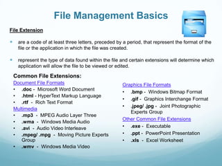 File Management Basics
File Extension

    are a code of at least three letters, preceded by a period, that represent the format of the
     file or the application in which the file was created.

    represent the type of data found within the file and certain extensions will determine which
     application will allow the file to be viewed or edited.

    Common File Extensions:
    Document File Formats                             Graphics File Formats
    • .doc - Microsoft Word Document
                                                      • .bmp - Windows Bitmap Format
    • .html - HyperText Markup Language
                                                      • .gif - Graphics Interchange Format
    • .rtf - Rich Text Format
                                                      • .jpeg/ .jpg - Joint Photographic
    Multimedia
                                                         Experts Group
    • .mp3 - MPEG Audio Layer Three
                                                      Other Common File Extensions
    • .wma - Windows Media Audio
    • .avi - Audio Video Interleave                   • .exe - Executable
    • .mpeg/ .mpg - Moving Picture Experts            • .ppt - PowerPoint Presentation
       Group                                          • .xls - Excel Worksheet
    • .wmv - Windows Media Video
 