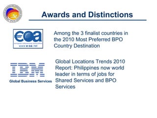 Awards and Distinctions

                           Among the 3 finalist countries in
                           the 2010 Most Preferred BPO
                           Country Destination


                           Global Locations Trends 2010
                           Report: Philippines now world
                           leader in terms of jobs for
Global Business Services   Shared Services and BPO
                           Services
 