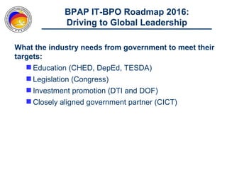 BPAP IT-BPO Roadmap 2016:
              Driving to Global Leadership

What the industry needs from government to meet their
targets:
    Education (CHED, DepEd, TESDA)
    Legislation (Congress)
    Investment promotion (DTI and DOF)
    Closely aligned government partner (CICT)
 