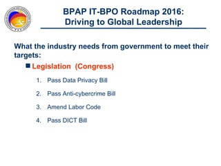 BPAP IT-BPO Roadmap 2016:
               Driving to Global Leadership

What the industry needs from government to meet their
targets:
    Legislation (Congress)
      1. Pass Data Privacy Bill

      2. Pass Anti-cybercrime Bill

      3. Amend Labor Code

      4. Pass DICT Bill
 