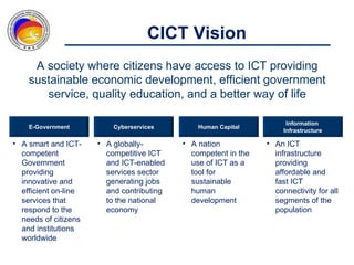CICT Vision
     A society where citizens have access to ICT providing
    sustainable economic development, efficient government
       service, quality education, and a better way of life

                                                                      Information
    E-Government          Cyberservices        Human Capital
                                                                     Infrastructure

• A smart and ICT-    • A globally-        • A nation           • An ICT
  competent             competitive ICT      competent in the     infrastructure
  Government            and ICT-enabled      use of ICT as a      providing
  providing             services sector      tool for             affordable and
  innovative and        generating jobs      sustainable          fast ICT
  efficient on-line     and contributing     human                connectivity for all
  services that         to the national      development          segments of the
  respond to the        economy                                   population
  needs of citizens
  and institutions
  worldwide
 