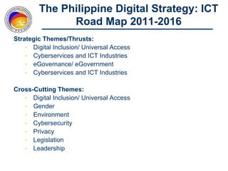 The Philippine Digital Strategy: ICT
              Road Map 2011-2016
Strategic Themes/Thrusts:
    - Digital Inclusion/ Universal Access
    - Cyberservices and ICT Industries
    - eGovernance/ eGovernment
    - Cyberservices and ICT Industries

Cross-Cutting Themes:
   - Digital Inclusion/ Universal Access
   - Gender
   - Environment
   - Cybersecurity
   - Privacy
   - Legislation
   - Leadership
 
