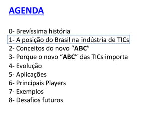 AGENDA
0- Brevíssima história
1- A posição do Brasil na indústria de TICs
2- Conceitos do novo “ABC”
3- Porque o novo “ABC” das TICs importa
4- Evolução
5- Aplicações
6- Principais Players
7- Exemplos
8- Desafios futuros
 