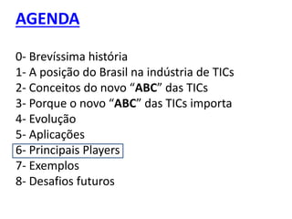 AGENDA
0- Brevíssima história
1- A posição do Brasil na indústria de TICs
2- Conceitos do novo “ABC” das TICs
3- Porque o novo “ABC” das TICs importa
4- Evolução
5- Aplicações
6- Principais Players
7- Exemplos
8- Desafios futuros
 