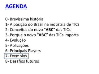 AGENDA
0- Brevíssima história
1- A posição do Brasil na indústria de TICs
2- Conceitos do novo “ABC” das TICs
3- Porque o novo “ABC” das TICs importa
4- Evolução
5- Aplicações
6- Principais Players
7- Exemplos
8- Desafios futuros
 