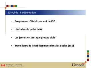 • Programme d’établissement de CIC
• Liens dans la collectivité
• Les jeunes en tant que groupe cible
• Travailleurs de l'établissement dans les écoles (TEE)
Survol de la présentation
2
 