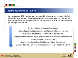 Services d'information et d’orientation
Contact systématiques avec les familles nouvellement arrivées
Évaluation des besoins et planification de mesures
Intégration des services, aiguillages encadrés et travail social individualisé
Counseling non thérapeutique
Compréhension culturelle et interprétation linguistique
Visites à domicile, relations communautaires et promotion des droits
Spectre des formes de soutien
9
Les projets de TEE comportent une combinaison de services destinés à
répondre aux besoins des nouveaux arrivants – certaines ou toutes les
composantes suivantes peuvent en faire partie et l’offre peut devenir de
plus en plus intensive
 