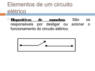  Dispositivos de manobra: São os
responsáveis por desligar ou acionar o
funcionamento do circuito elétrico.
Elementos de um circuito
elétrico
 