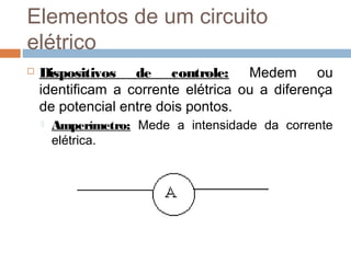  Dispositivos de controle: Medem ou
identificam a corrente elétrica ou a diferença
de potencial entre dois pontos.
 Amperímetro: Mede a intensidade da corrente
elétrica.
Elementos de um circuito
elétrico
 
