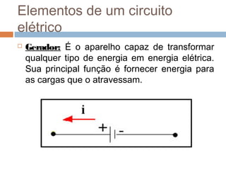 Elementos de um circuito
elétrico
 Gerador: É o aparelho capaz de transformar
qualquer tipo de energia em energia elétrica.
Sua principal função é fornecer energia para
as cargas que o atravessam.
 