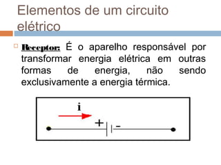  Receptor: É o aparelho responsável por
transformar energia elétrica em outras
formas de energia, não sendo
exclusivamente a energia térmica.
Elementos de um circuito
elétrico
 