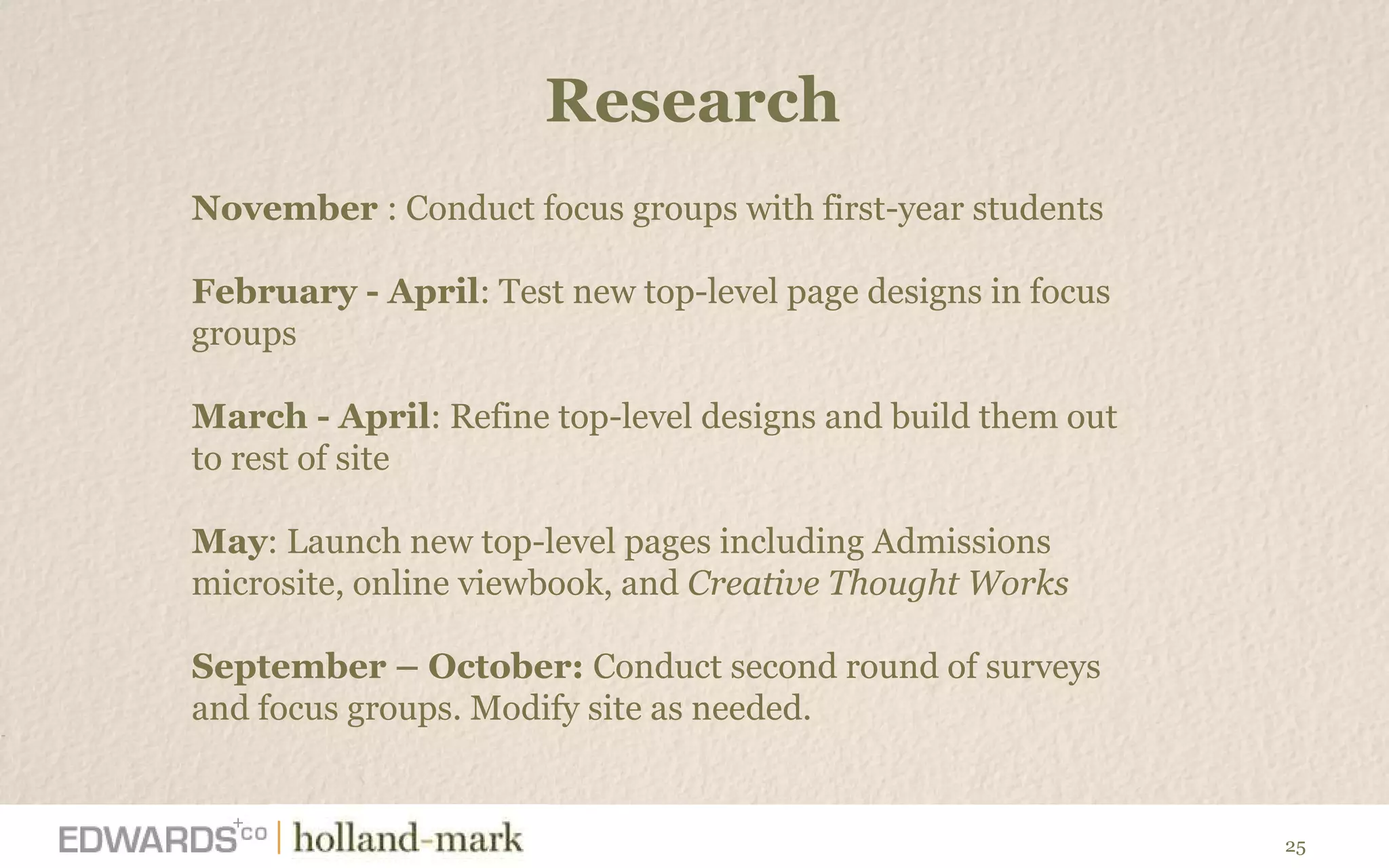 Research November  : Conduct focus groups with first-year students  February - April : Test new top-level page designs in focus groups March - April : Refine top-level designs and build them out to rest of site  May : Launch new top-level pages including Admissions microsite, online viewbook, and  Creative Thought Works September – October:  Conduct second round of surveys and focus groups. Modify site as needed.  